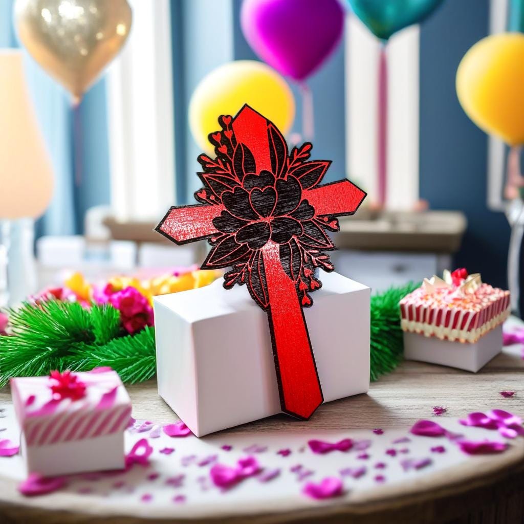 Hand-Painted Red Floral Wood Cross - Elegant Wall Decor. on Black Background, Elegant Wall or Door Decor, Ideal Gift or Home Accent Piece