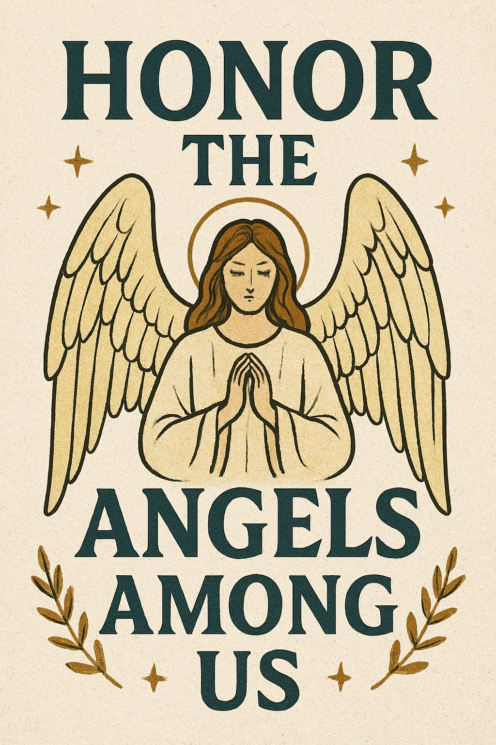 Gracefully carved with a minimalist elegance, this wooden angel radiates peace and holiday cheer. Her closed eyes and gentle smile evoke a sense of calm and quiet joy, while the halo above her head adds a touch of celestial reverence. Outstretched wings, adorned with circular cut-out patterns, frame her figure like a protective embrace. The robe flows downward in soft curves, echoing the wing motif with matching circular accents along the hem. Boldly etched across the bottom.