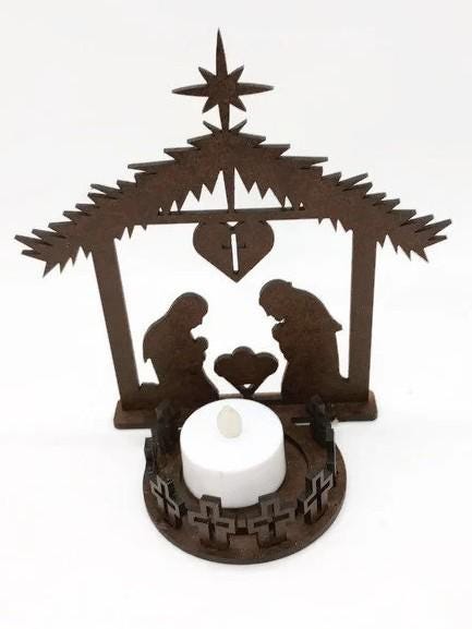 Laser-Cut Wooden Nativity Scene Light – Dual-Stage Christmas Manger with LED Glow