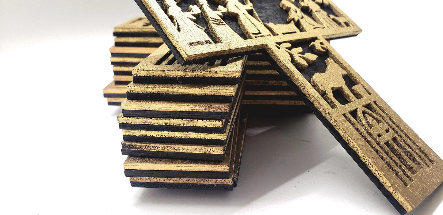 Great Gift Idea! Gold and Black Nativity Scene Cross Ornament, Elegant Laser-Cut Christmas Decoration for Tree Display or Holiday Gifting