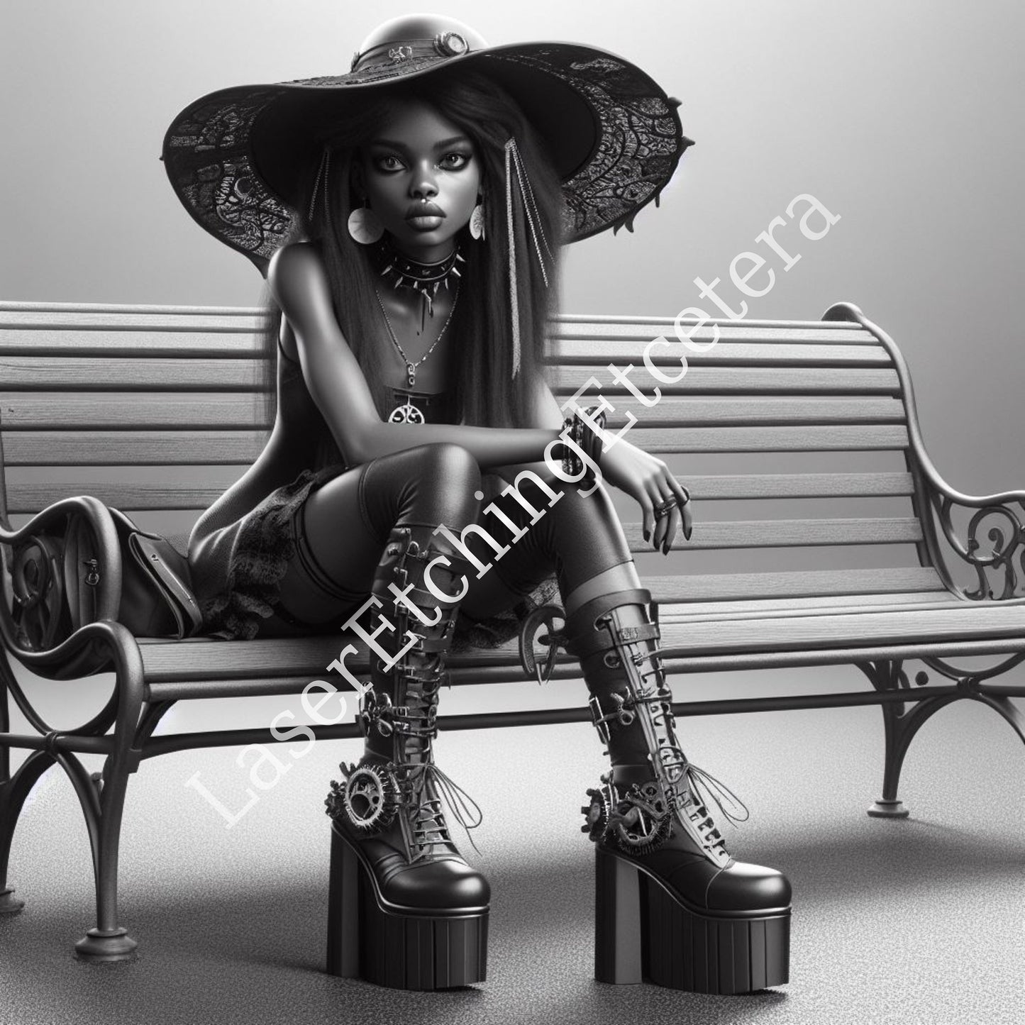 Goth Steampunk Digital Art Set Grayscale Portraits of Mysterious Ladies with Cat Includes 14 Unique Printable Images for Download. Buy now