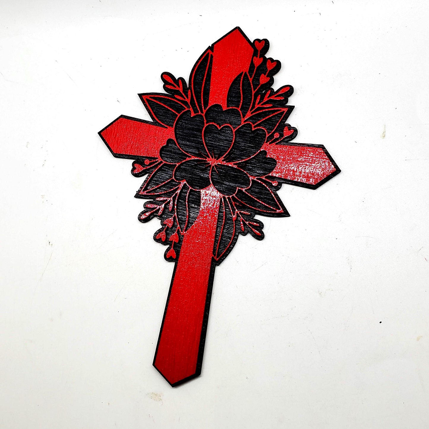 Hand-Painted Red Floral Wood Cross - Elegant Wall Decor. on Black Background, Elegant Wall or Door Decor, Ideal Gift or Home Accent Piece