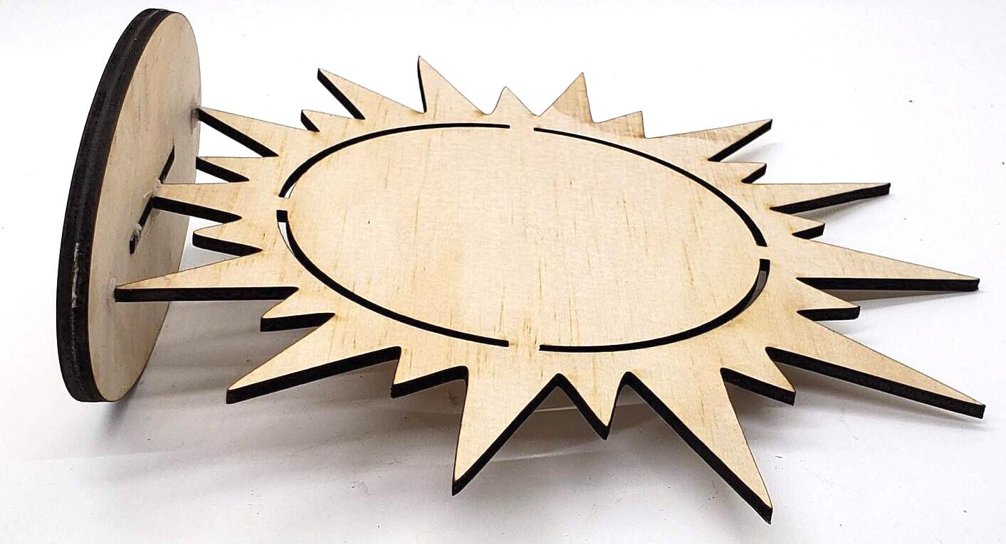Laser-Cut Tabletop Sun-Face Display Unpainted Wood Stand with Cutout Center Ideal for Dotting Crafts, Ornament Holders, and Summer Projects