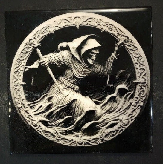 Laser-engraved tiles—spooky, steampunk, on clearance! Each piece is unique, handmade, & comes with a free stand. Limited stock! Buy and save