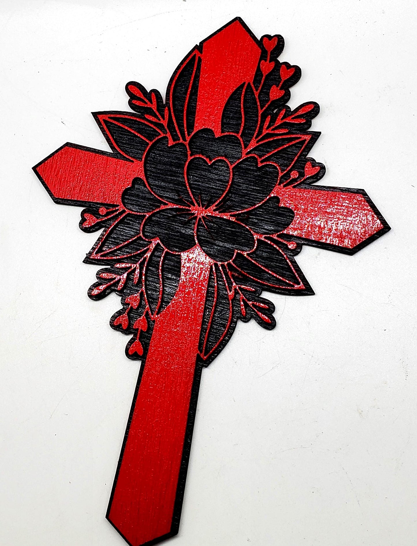 Hand-Painted Red Floral Wood Cross - Elegant Wall Decor. on Black Background, Elegant Wall or Door Decor, Ideal Gift or Home Accent Piece