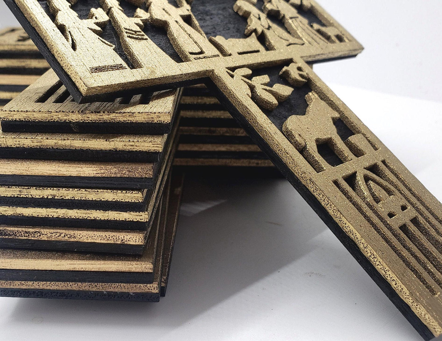 Great Gift Idea! Gold and Black Nativity Scene Cross Ornament, Elegant Laser-Cut Christmas Decoration for Tree Display or Holiday Gifting