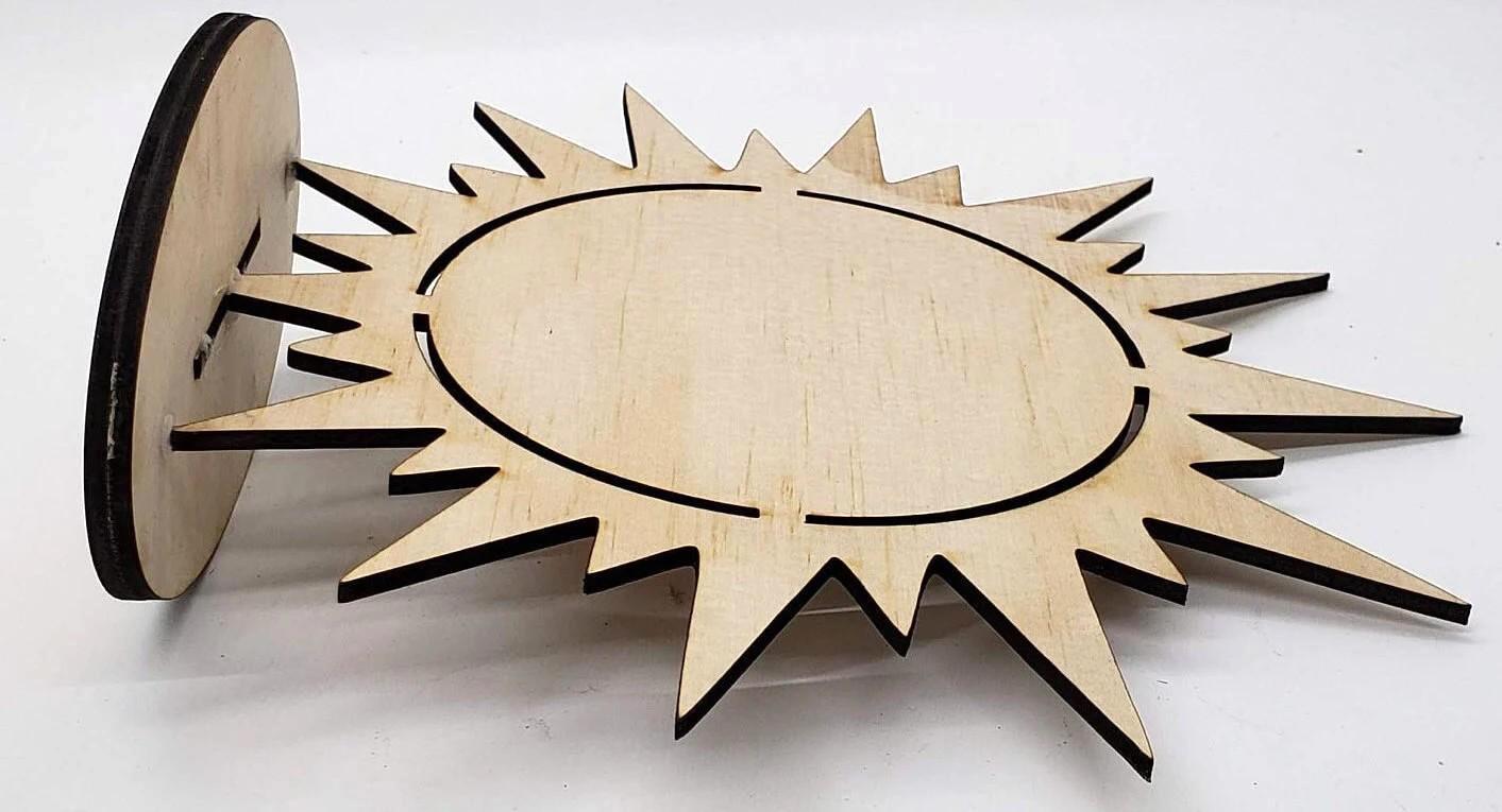 Laser-Cut Tabletop Sun-Face Display Unpainted Wood Stand with Cutout Center Ideal for Dotting Crafts, Ornament Holders, and Summer Projects