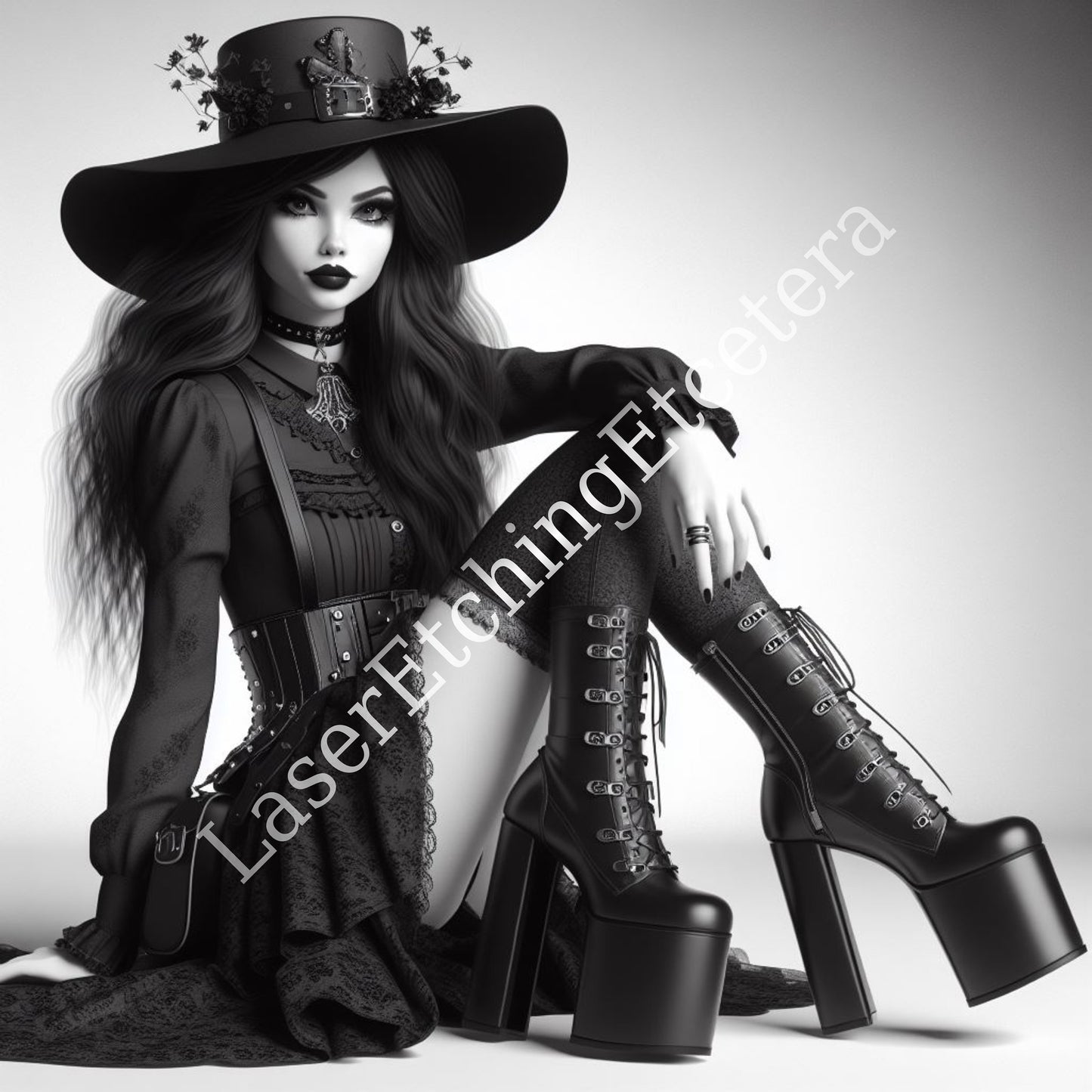 Goth Steampunk Digital Art Set Grayscale Portraits of Mysterious Ladies with Cat Includes 14 Unique Printable Images for Download. Buy now
