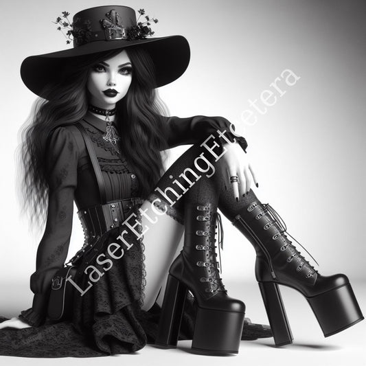 Goth Steampunk Digital Art Set Grayscale Portraits of Mysterious Ladies with Cat Includes 14 Unique Printable Images for Download. Buy now