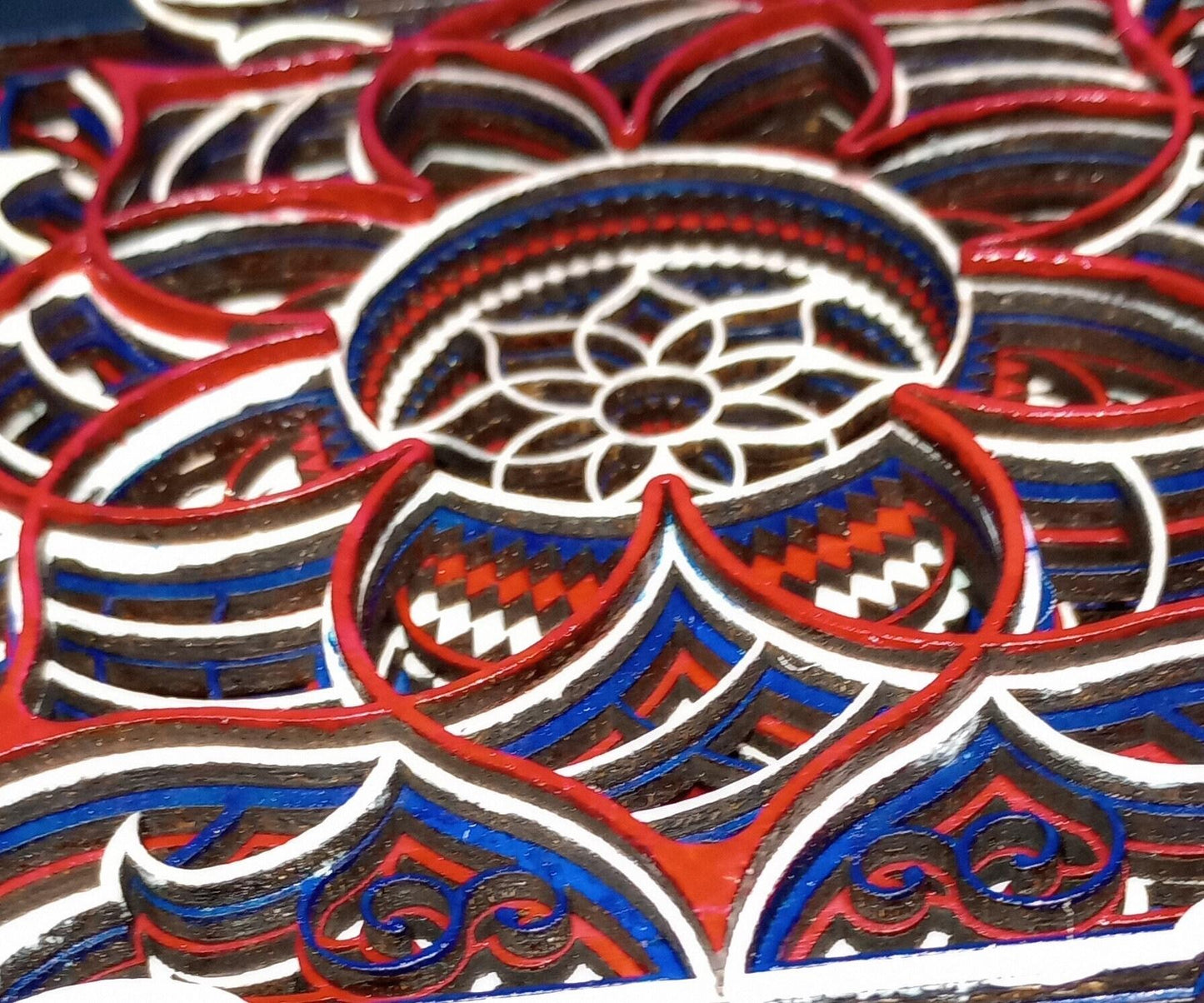 Enchanting Mandala Art Set of Four Hand-Painted Layered Pieces Vibrant Symmetry for Peaceful Home or Office Decor Display.