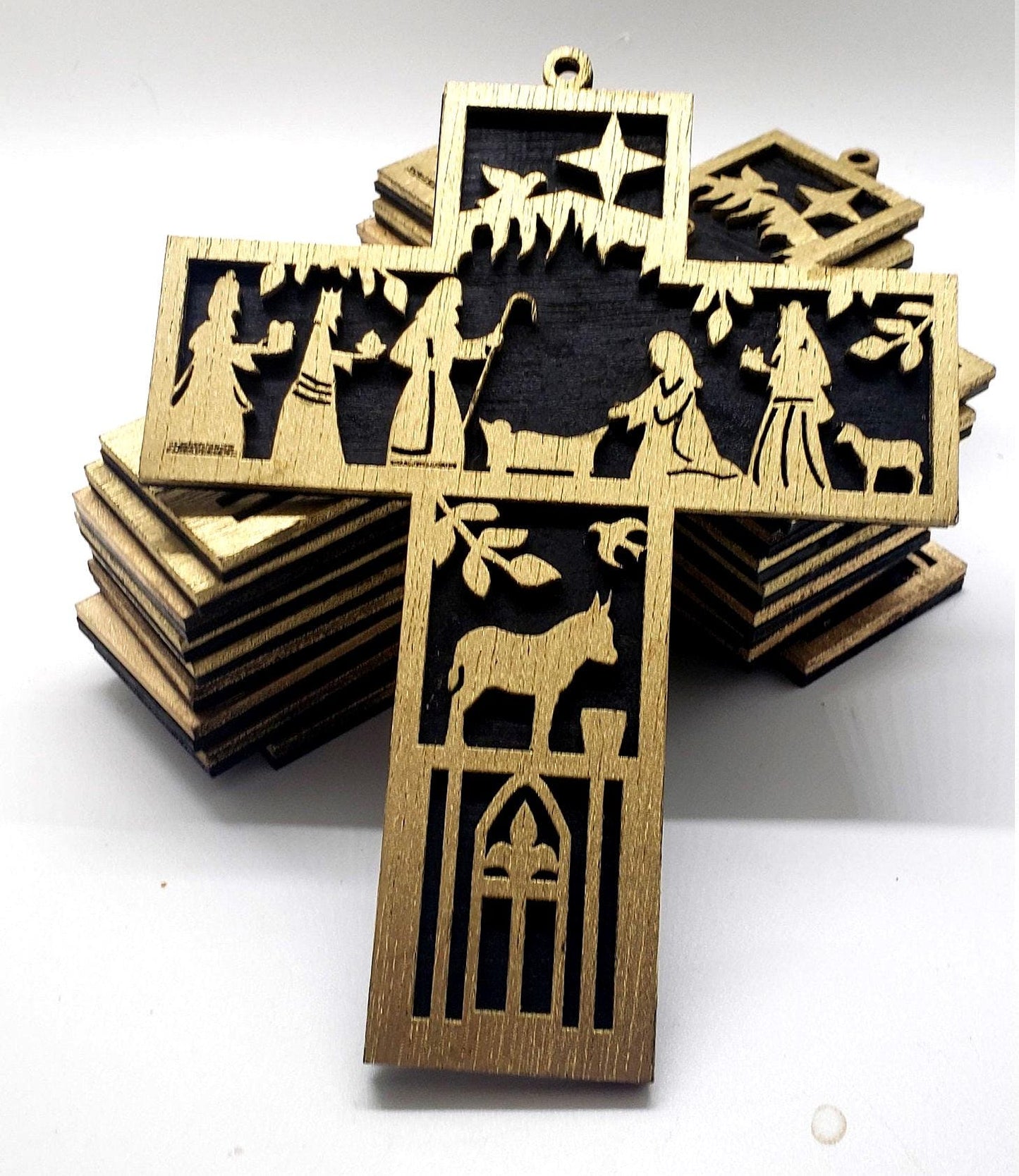 Great Gift Idea! Gold and Black Nativity Scene Cross Ornament, Elegant Laser-Cut Christmas Decoration for Tree Display or Holiday Gifting