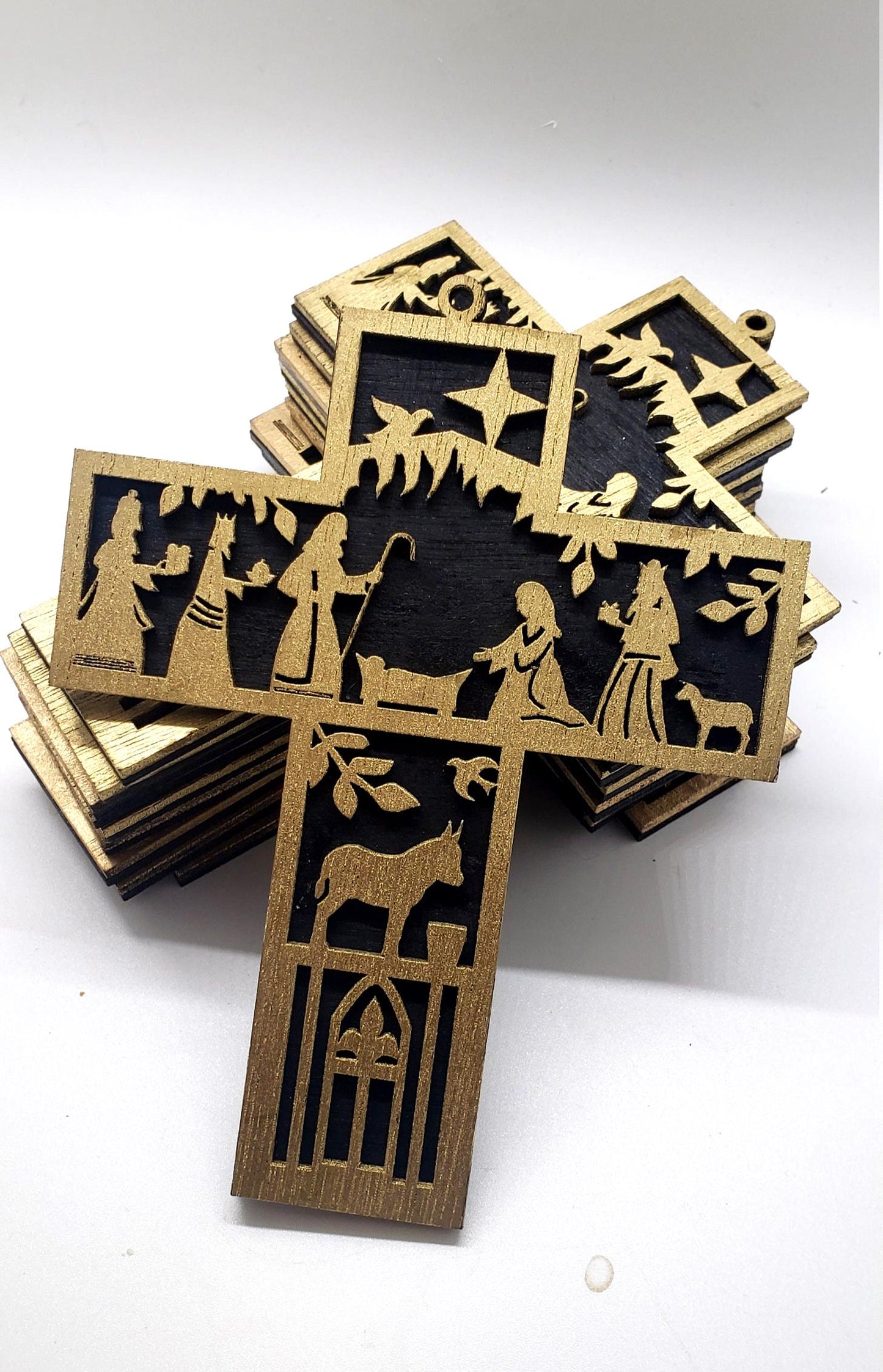 Great Gift Idea! Gold and Black Nativity Scene Cross Ornament, Elegant Laser-Cut Christmas Decoration for Tree Display or Holiday Gifting