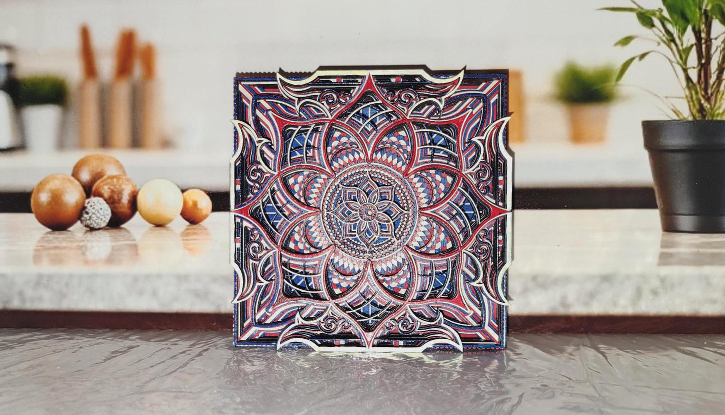 Enchanting Mandala Art Set of Four Hand-Painted Layered Pieces Vibrant Symmetry for Peaceful Home or Office Decor Display.