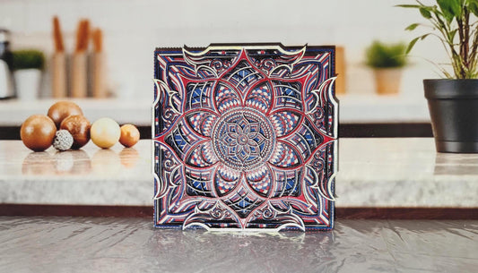 Enchanting Mandala Art Set of Four Hand-Painted Layered Pieces Vibrant Symmetry for Peaceful Home or Office Decor Display.