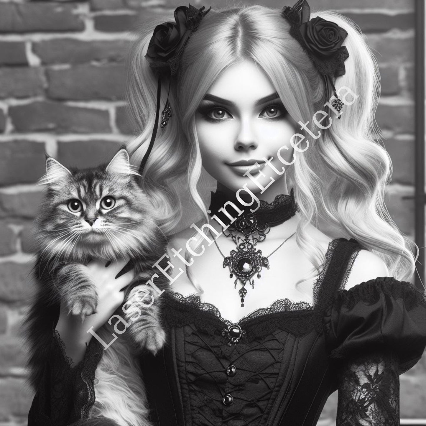 Goth Steampunk Digital Art Set Grayscale Portraits of Mysterious Ladies with Cat Includes 14 Unique Printable Images for Download. Buy now