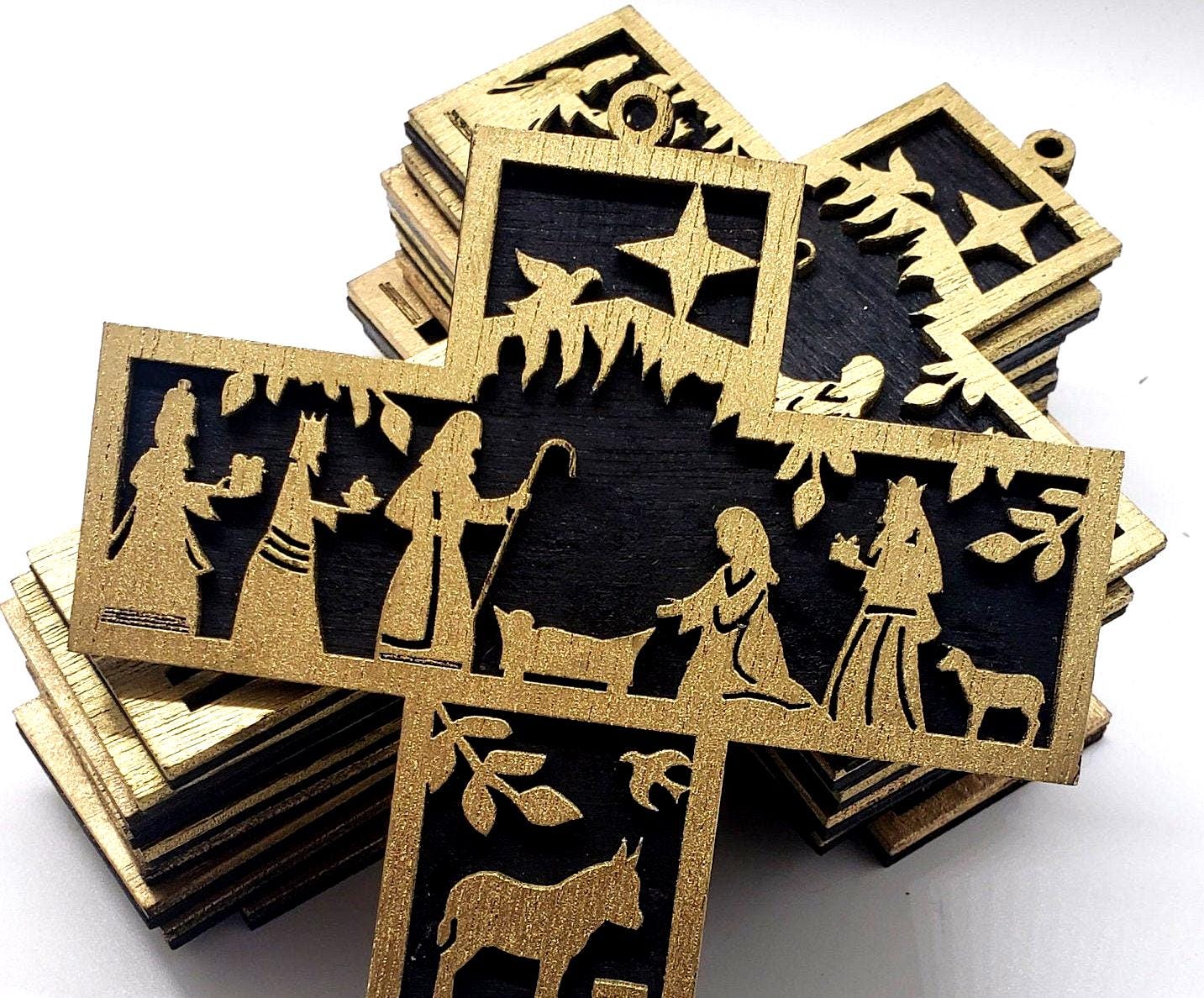Great Gift Idea! Gold and Black Nativity Scene Cross Ornament, Elegant Laser-Cut Christmas Decoration for Tree Display or Holiday Gifting