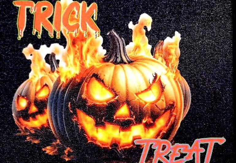 Trick or Treat” 8x10 Canvas—fiery jack-o'-lanterns & bold UV print bring Halloween heat to your décor. Spooky charm, delivered! Scary