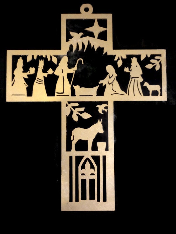 NOW-NEW Door Hanger Christmas Nativity Cross welcome sign - Nativity Scene Cross. Christ in the manger depicted on this Nativity Scent gift!