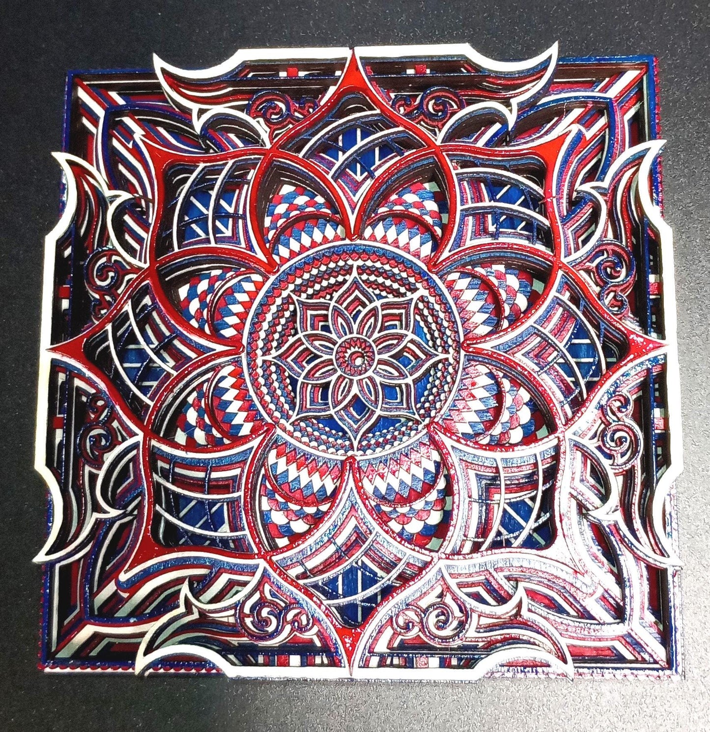 Enchanting Mandala Art Set of Four Hand-Painted Layered Pieces Vibrant Symmetry for Peaceful Home or Office Decor Display.