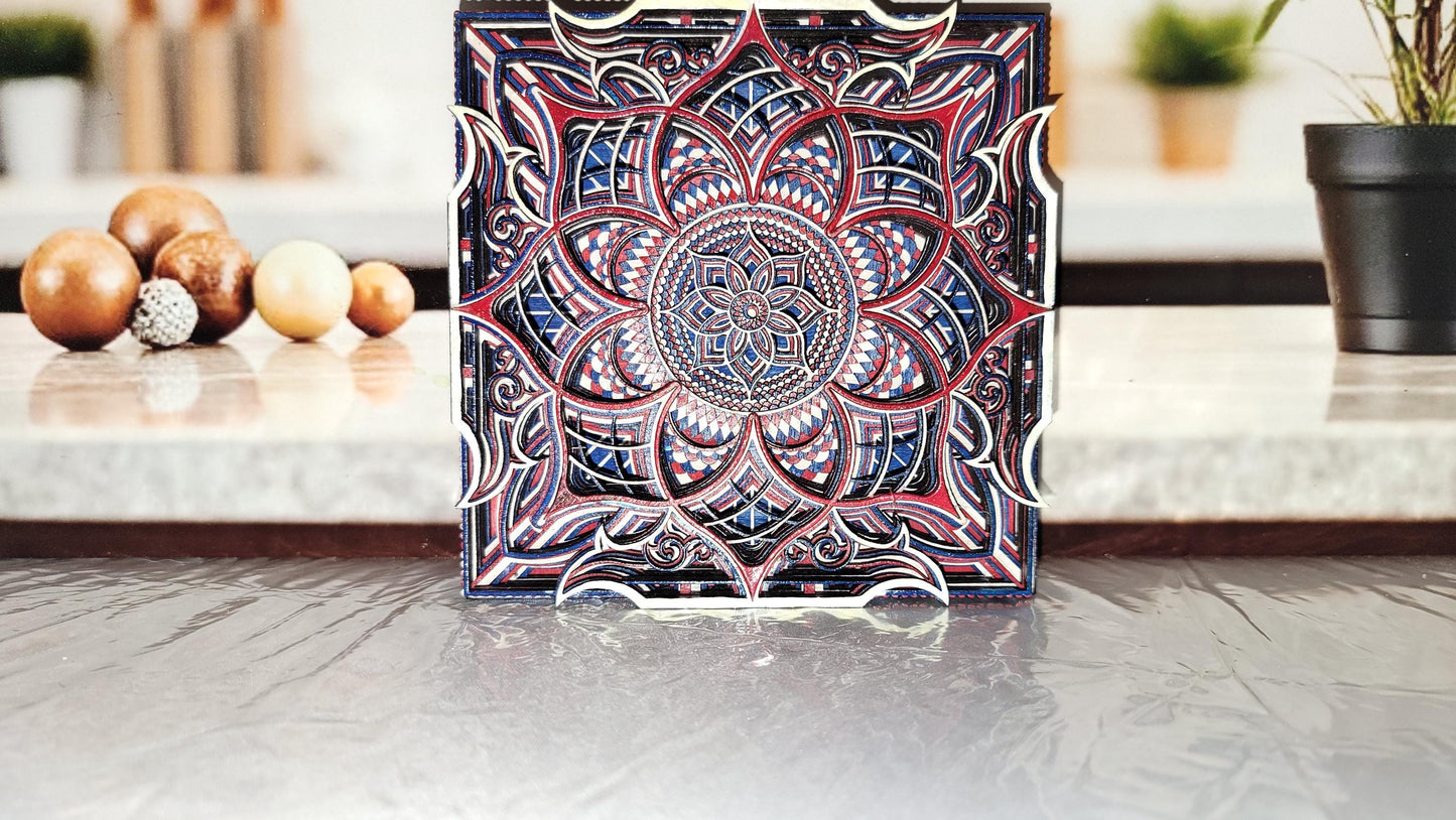 Enchanting Mandala Art Set of Four Hand-Painted Layered Pieces Vibrant Symmetry for Peaceful Home or Office Decor Display.