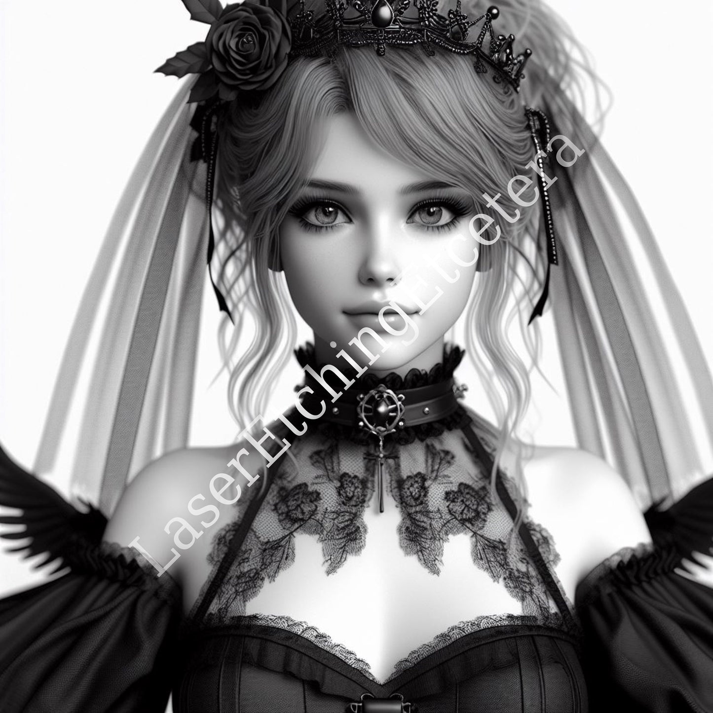 Goth Steampunk Digital Art Set Grayscale Portraits of Mysterious Ladies with Cat Includes 14 Unique Printable Images for Download. Buy now