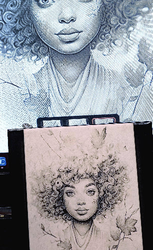 A captivating artistic portrait features a person with flowing, curly hair, their image beautifully complemented by a lush, vibrant backdrop of leaves. The artwork is presented in a close-up, as if viewed through the screen of a digital device, emphasizing the intricate details and artistic flair of the piece.