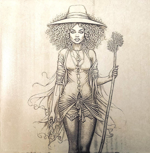 A captivating artistic rendering features a person adorned with luxuriant curly hair, set against a backdrop of lush, vibrant leaves. The image is enhanced by a close-up detail, showcasing the artwork's textures and nuances as displayed on a modern digital device.