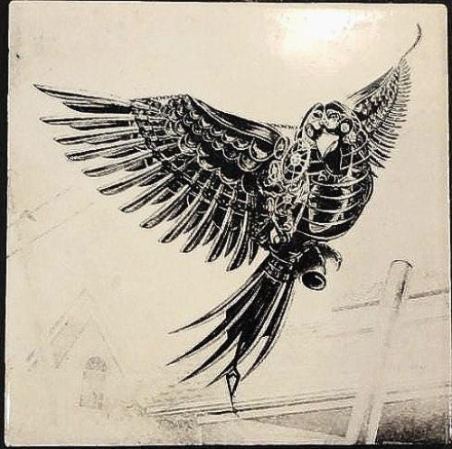 A detailed, black and white illustration features a steampunk-inspired mechanical bird perched amidst a rich, textured background. The bird's intricate gears, polished metal accents, and expressive, beady eyes capture a sense of vintage ingenuity. The background, with its varied textures and subtle tonal shifts, complements the bird, enhancing its three-dimensional appearance and adding depth to the overall composition.