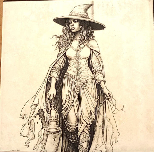 A captivating black and white illustration portrays a mystical witch, her silhouette elegantly defined against a soft beige backdrop. She is centrally positioned, her focus directed towards a flickering lantern held securely in her hands. The lantern casts soft, ethereal light, adding a touch of enchantment and mystery to the scene. The intricate details in the illustration, from the witch's expressive features to the texture of 