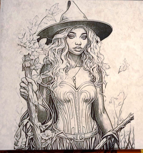 A captivating black and white illustration features a mystical witch, her silhouette defined against a backdrop of swirling foliage. She is poised with a broomstick in hand, her iconic witch's hat adding to the enchanting atmosphere. The intricate details of the foliage create a sense of otherworldly depth, enhancing the spellbinding nature of the image.