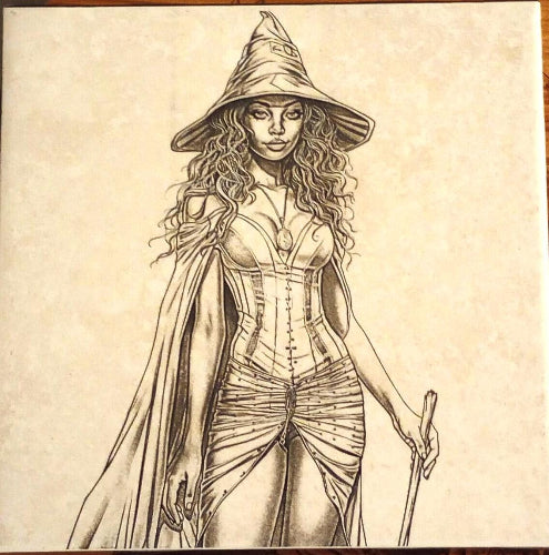 A striking black and white illustration features a captivating witch, adorned with a classic pointed hat and flowing cloak. The image is set against a warm, textured beige background, creating a visually rich and enchanting composition. The contrast between the dark figures and the light background enhances the mysterious and magical atmosphere, making it perfect for Halloween decor, fantasy art, or any project that n