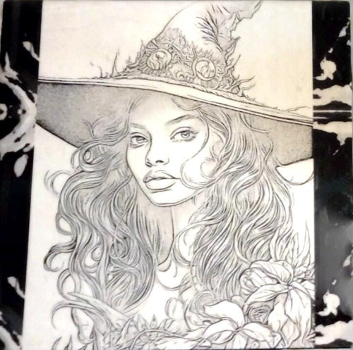 Here's the alt text for the image:

A black and white illustration depicting a woman adorned with a witch's hat, embellished with intricate floral designs.