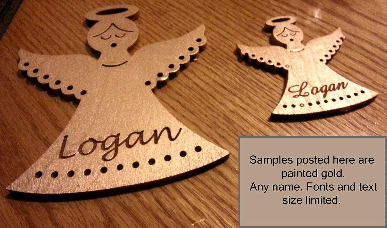 Gracefully carved with a minimalist elegance, this wooden angel radiates peace and holiday cheer. Her closed eyes and gentle smile evoke a sense of calm and quiet joy, while the halo above her head adds a touch of celestial reverence. Outstretched wings, adorned with circular cut-out patterns, frame her figure like a protective embrace. The robe flows downward in soft curves, echoing the wing motif with matching circular accents along the hem. Boldly etched across the bottom.