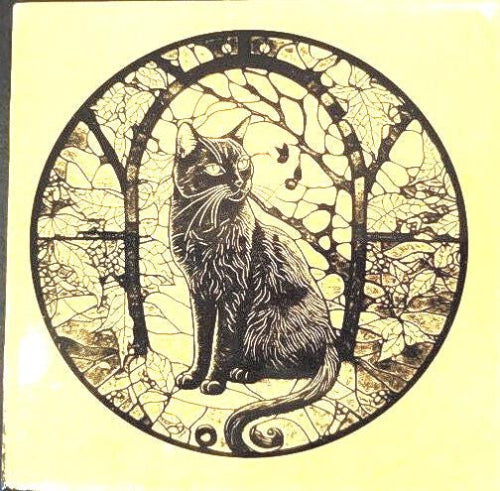 A whimsical and charming design features a playful cat nestled amongst vibrant, autumn-toned leaves. Scattered around are elegant musical notes, all set against a cheerful yellow backdrop. The artwork captures a harmonious blend of nature, music, and feline grace.