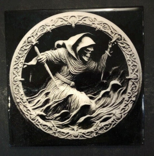 Add a touch of macabre charm to any space with this laser-engraved ceramic tile. The design features a hooded figure, broom in hand, set against a rich black background and framed by intricate, eye-catching patterns. Perfect for Halloween enthusiasts, steampunk aficionados, and those who appreciate unique, handcrafted decor.