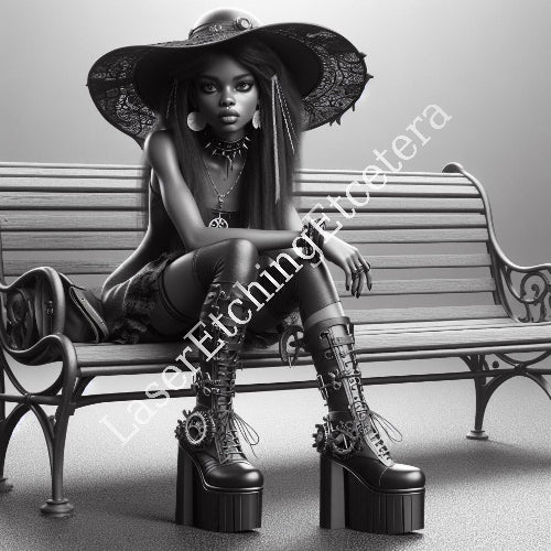  Grayscale Portrait – Benchside Rebel in Steampunk Lace
This stylized grayscale portrait captures a mysterious young woman seated on a decorative bench, dressed in gothic-steampunk fusion fashion. Her outfit features a wide-brimmed lace hat, spiked choker, hoop earrings, and a layered ensemble of short skirt, thigh-high stockings, and platform boots adorned with gears and buckles. A bag rests beside her, hinting at a story untold. 
