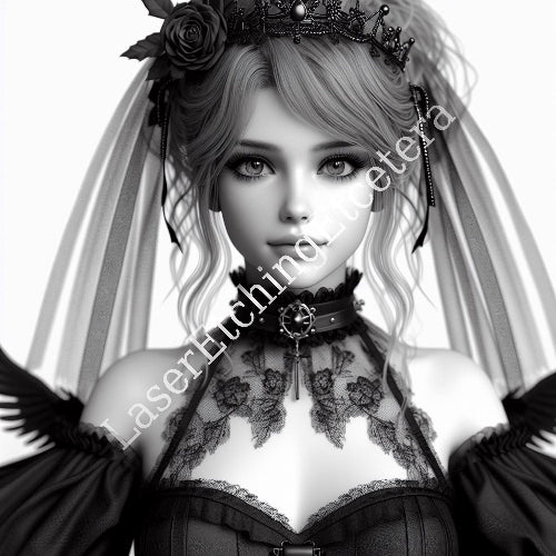 Black and white illustration of a character with floral headpiece and lace details.