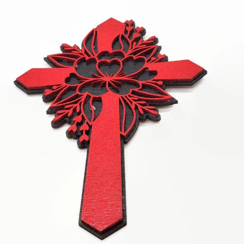 A handcrafted red floral wood cross with layered petals and leaves, set against a black background. Elegant and symmetrical, ideal for wall or door display as a spiritual accent or heartfelt gift.
Would you like a version that leans more poetic, symbolic, or gift-oriented? I can tailor it for seasonal shoppers, spiritual seekers, or home decor enthusiasts.