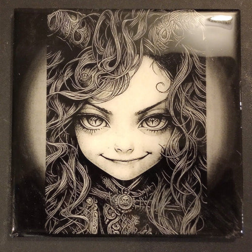 A captivating illustration showcasing a young girl with an exceptionally detailed and artistic hair design, set against a sleek and modern black backdrop.