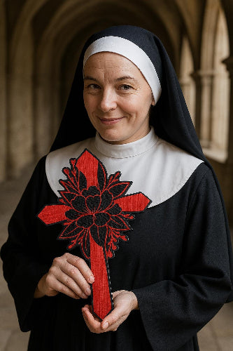 This beautiful, hand-painted wood cross features a vibrant red floral design on a rich black background. Perfect for adding a touch of elegance to any wall or door, this cross measures 8 inches in height, 5.25 inches in width, and 1/4 inch in thickness. Its unique design incorporates flowers, hearts, and ivy, making it a distinctive piece.

Ideal as an affordable gift for family and friends, or a lovely addition to your home decor, this cross is easy to hang. Display it on any wall.