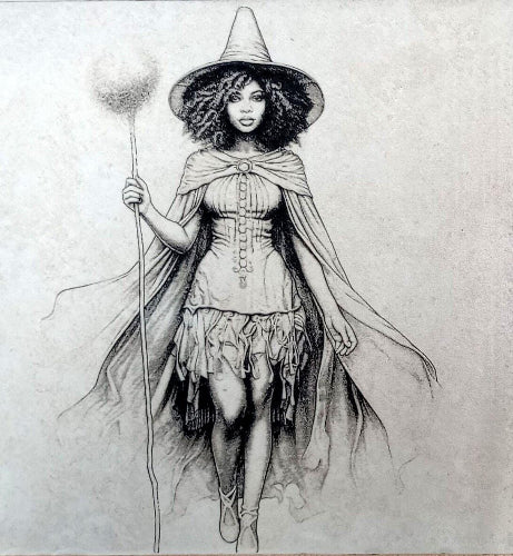 Pencil drawing showcasing a witch character adorned with a hat, cape, and staff, all set against a serene light gray backdrop.