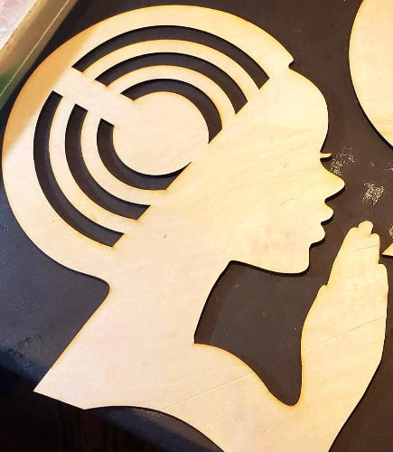 This product showcases a wooden silhouette featuring a woman's face with hair rails, complemented by the serene image of praying hands. It’s a versatile piece, ideal for adding a touch of elegance and spiritual warmth to any décor, whether it's for a wreath, a wall display, or as a unique craft project. The combination of the Diva head and praying hands creates a unique and meaningful aesthetic.