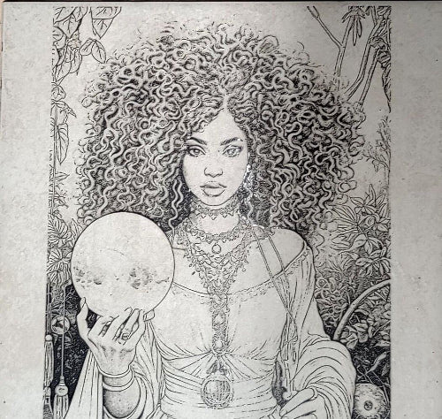 An enchanting illustration featuring a woman with vibrant, curly hair gracefully holding a luminous sphere, all while being gently enveloped by lush, vibrant foliage. The artwork captures a sense of ethereal beauty and natural harmony, perfect for adding a touch of magic and wonder to any space.