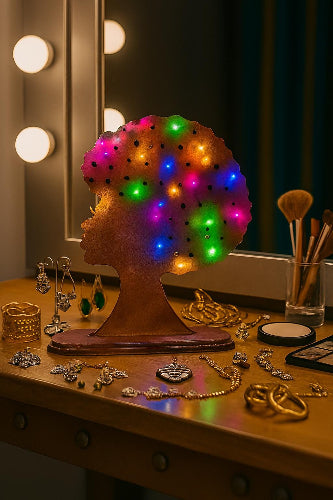 This stunning, 12-inch Afro-style wooden silhouette is perfect for adding a touch of elegance to any tabletop display. Ideal for displaying earrings, tying headwraps, or as a base for custom wreaths, this laser-cut MDF silhouette features a graceful profile and is ready to be transformed into something uniquely yours.