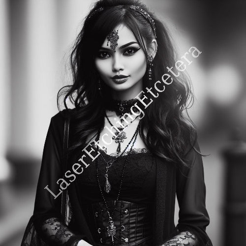 Black and white portrait of a woman with intricate makeup and jewelry, featuring  Grayscale Gothic Portraits – Digital Collection
Step into a world of monochromatic mystique with this digital set of 14 unique grayscale portraits, each one a study in shadow and style. These striking illustrations feature mysterious young ladies clad in chic gothic attire, their silhouettes adorned with steampunk flourishes—corsets, buckled boots, wide-brimmed hats, and lace-layered skirts. 