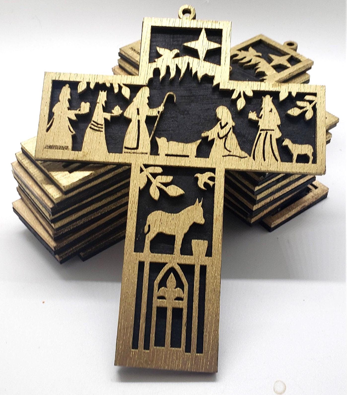 Great Gift Idea! Gold and Black Nativity Scene Cross Ornament, Elegant Laser-Cut Christmas Decoration for Tree Display or Holiday Gifting
