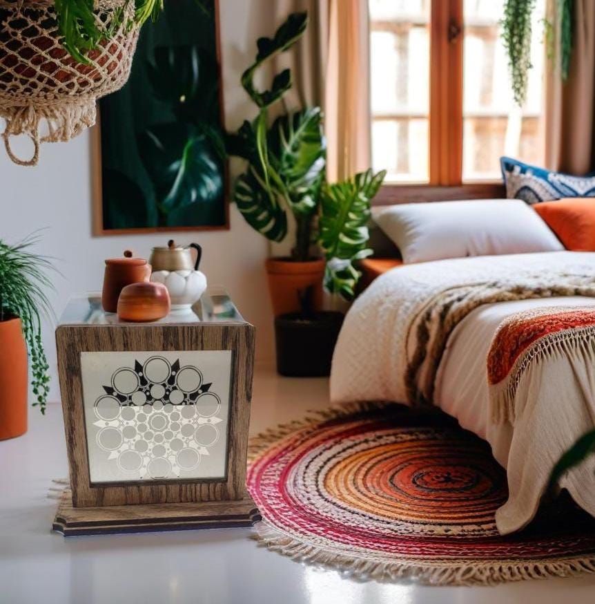 This unique abstract laser etching on a mirror creates captivating, modern art. The intricate design transforms into a stunning focal point.