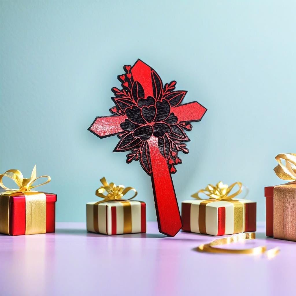 Hand-Painted Red Floral Wood Cross - Elegant Wall Decor. on Black Background, Elegant Wall or Door Decor, Ideal Gift or Home Accent Piece