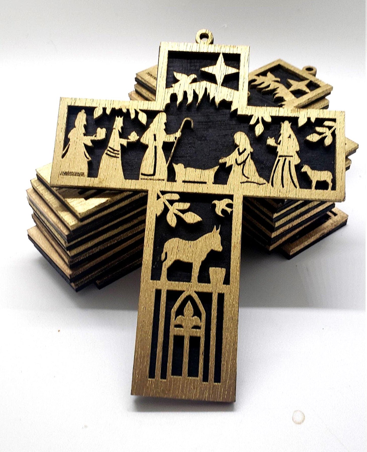 Great Gift Idea! Gold and Black Nativity Scene Cross Ornament, Elegant Laser-Cut Christmas Decoration for Tree Display or Holiday Gifting