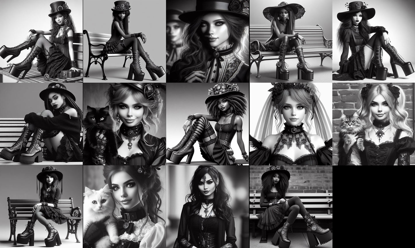 Goth Steampunk Digital Art Set Grayscale Portraits of Mysterious Ladies with Cat Includes 14 Unique Printable Images for Download. Buy now
